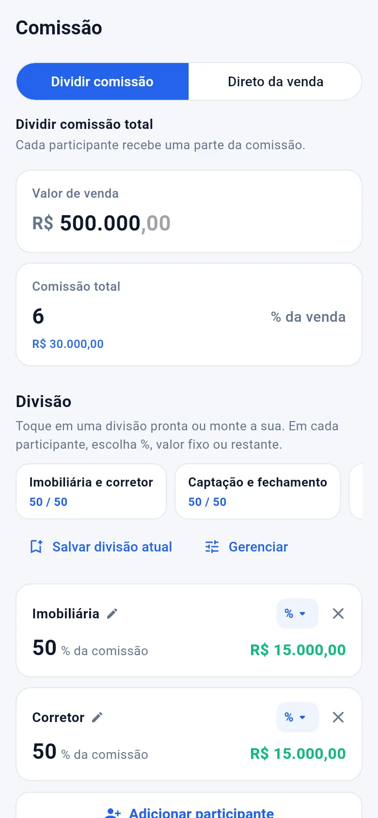 Comissão: R$ 30.000,00 divididos entre imobiliária e corretor